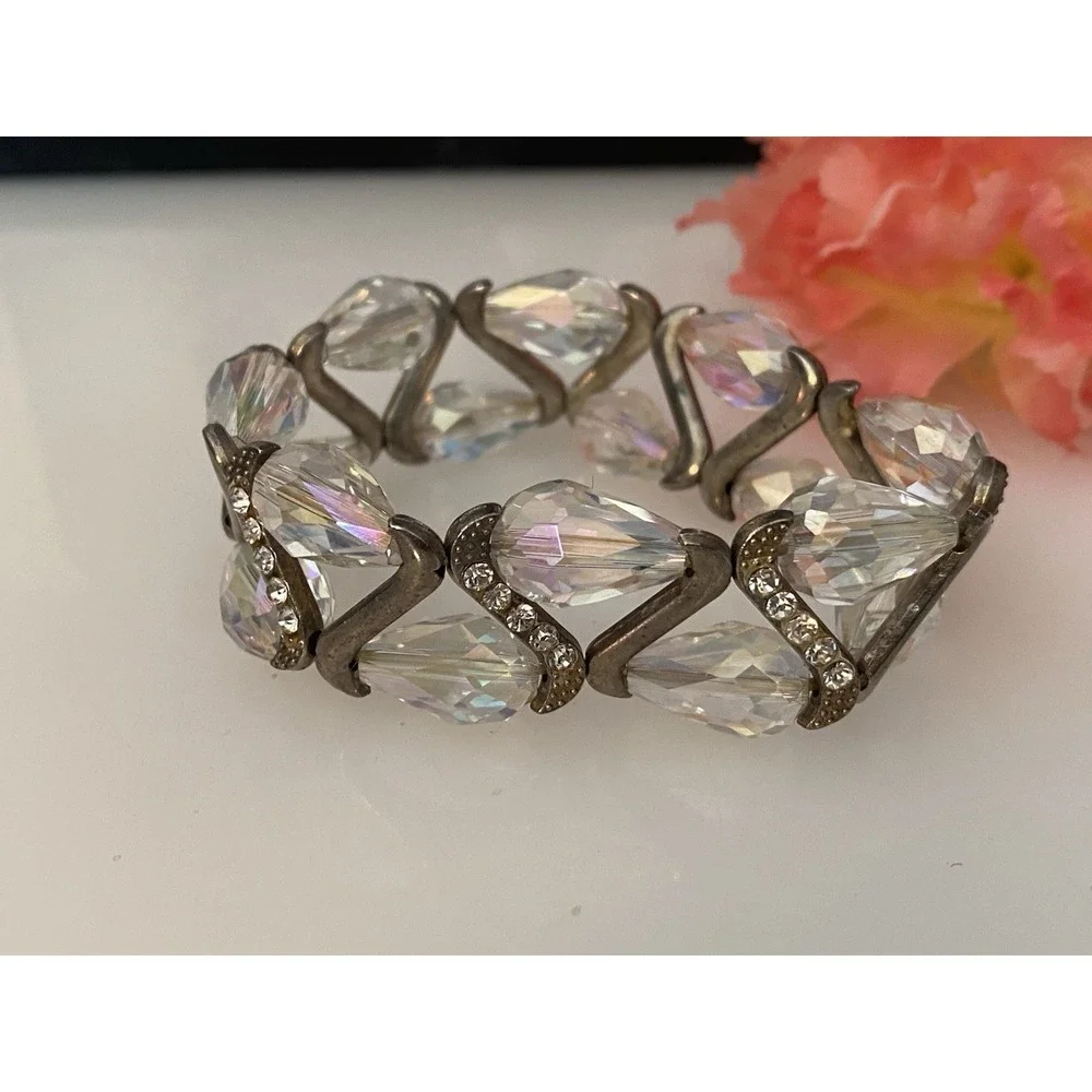 Vintage Silvertone‎ Faceted Beaded Sparkly Rhinestones Stretch Bracelet Sparkle